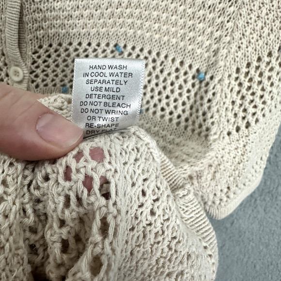 Christopher Banks Cardigan Sweater Women Medium Beige Open Knit Hand Embroidery - Picture 7 of 7